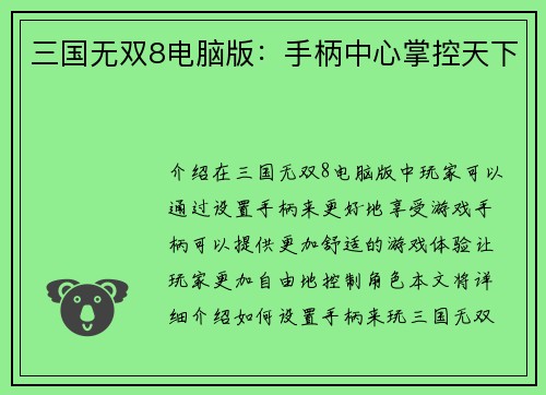 三国无双8电脑版：手柄中心掌控天下