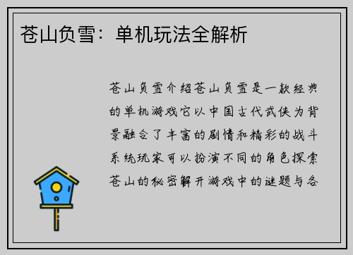 苍山负雪：单机玩法全解析